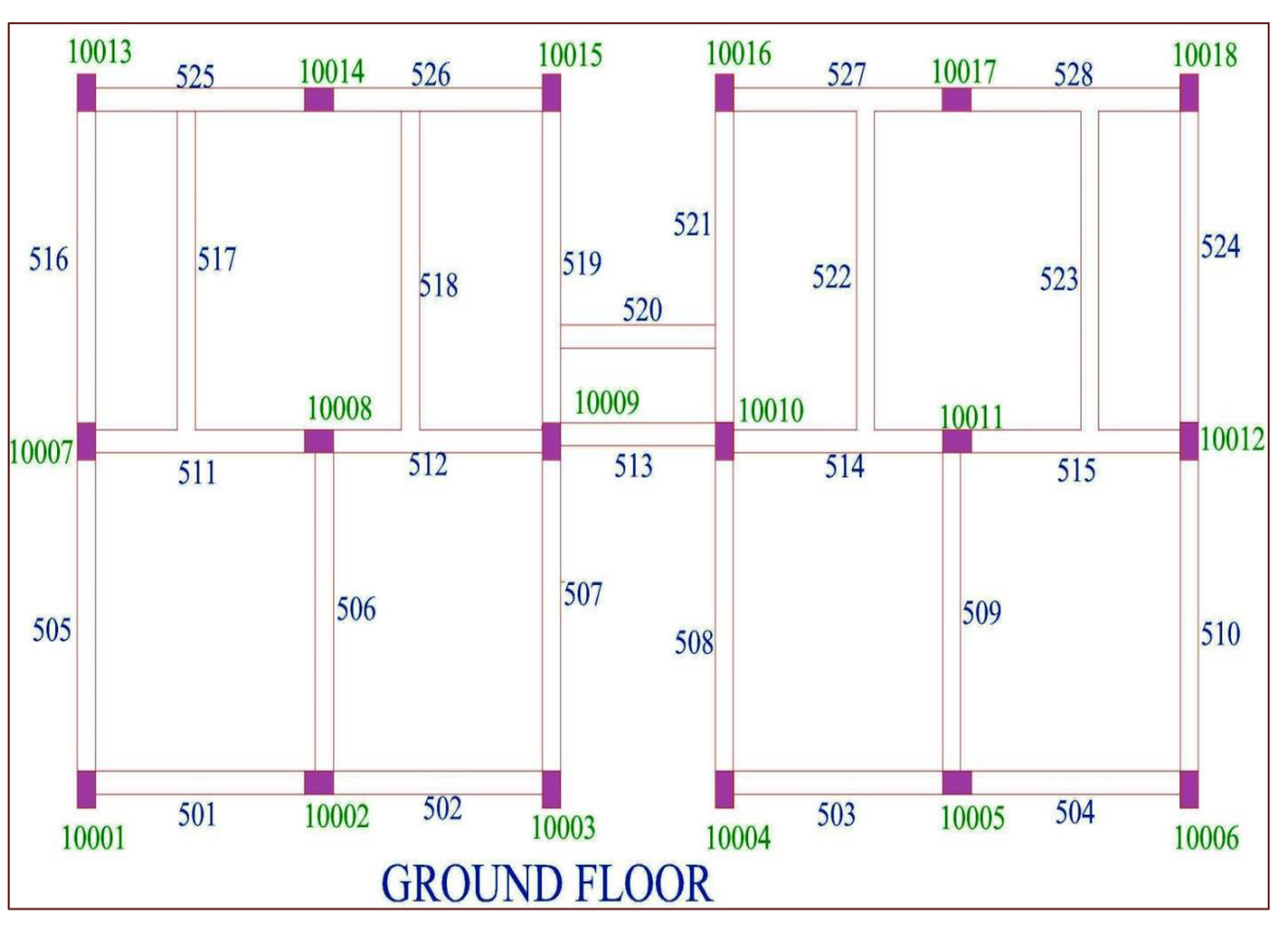 Ground floor plan with every beam and column numbered