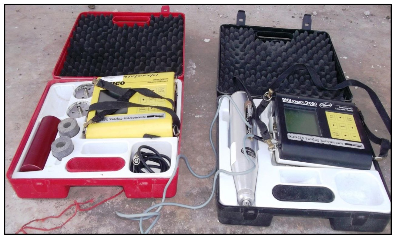 Rebound hammer and ultrasonic pulse velocity instruments used on site