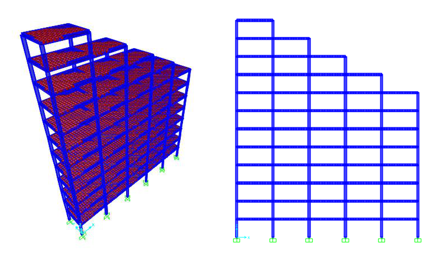 Stepped building frame modelled in SAP2000 — 3D view and elevation